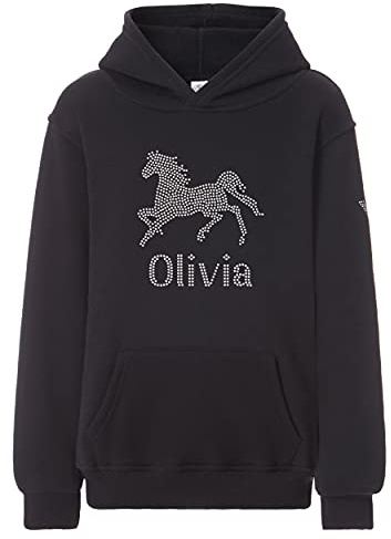 Sudadera de equitación con capucha para niña, de Varsany; diseño personalizado de caballo con tachuelas, Infantil, negro, 9-11 años