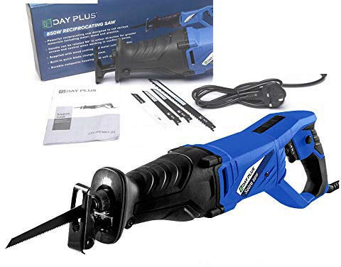 Heavy Duty 850W 240V Variable Speed Reciprocating Saw 0-2800SPM Sabre Saw with Non-Slip Rotary Handle (90° Left & Right) Cutting Tool with LED Light 4 Saw Blades (Wood and Metal)