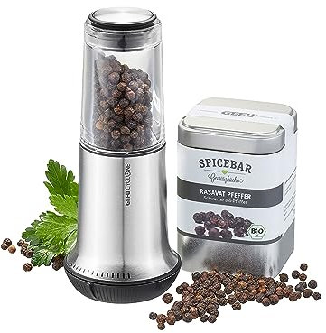 GEFU 00188 Set: Salz- oder Pfeffermühle X-PLOSION®, M + SPICEBAR Rasavat Pfeffer, ganz, bio Inhalt 80 g