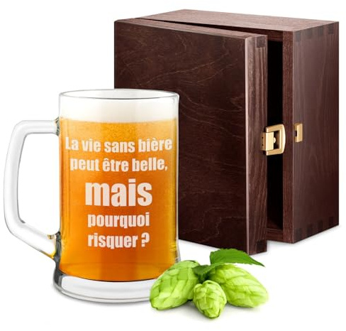 Maverton Chope à Bière Gravée - Contenance : 50 cl – Verre à Bière Personnalisé avec Anse - Souvenir pour les Amateurs de Bières – Cadeau Anniversaire Homme - Idee Cadeau Homme - Noel - bière
