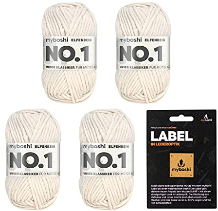 myboshi No.1 Wolle zum Häkeln und Stricken, Schnellstrickgarn, inkl. Label, Strickwolle, Häkelwolle, mulesing-frei, Ll. 55m /50g, 30% Wolle (Merinowolle) Beige (Elfenbein), 4 Knäuel