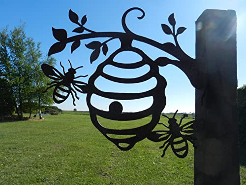 CCWORAN Ornements De Jardin D'abeilles en Métal pour Clôtures Décorations en Plein Air Maison Abeille Ruche Animaux Jardin Décor Sculptures Rouillé Fonte Silhouettes Arbre Cour Mur Art Cadeau