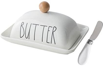 Farmhouse Decorative Kitchen Countertop Porcelain Butter & Cream Cheese Dish with Lid,Butter Keeper with Cover for East West Coast Butter,White