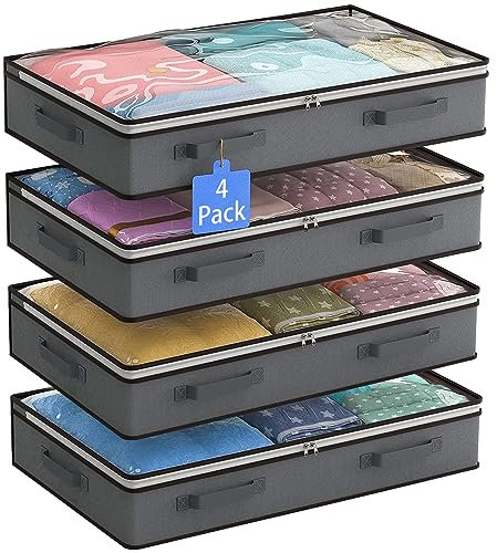 Flow fire Under Bed Storage Bag with Zip, 4 Pack 90L Large Capacity Under Bed Storage Box with Lid, Foldable Clear Underbed Storage Bags Organiser for Clothes Comforters Bedding