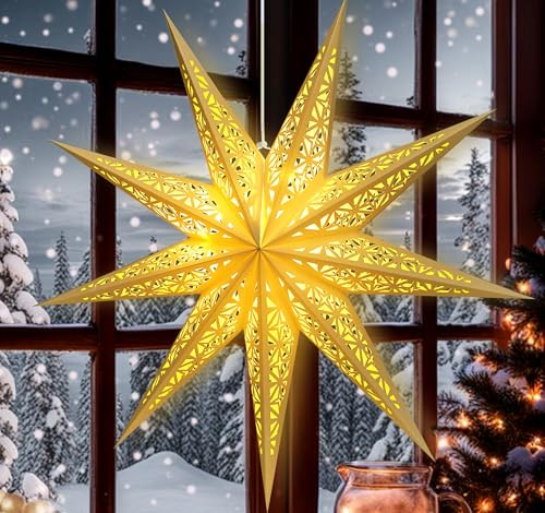 60CM Large Paper Star Lanterns Christmas Paper Lights Lampshade White Hanging Star Decorations Foldable Lamp Shade for Weddings Christmas Winter Holiday (Incl.Lights)