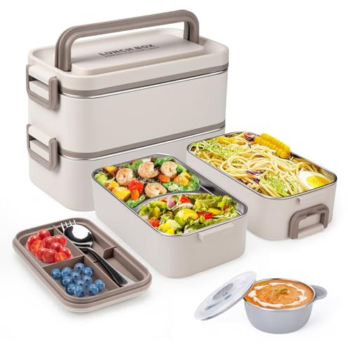 Reabulun Bento Box Adult Lunch Box, Stackable 2 Layer 304 Stainless Steel Lunch Container for Adults Kids Office, 2L Capacity Portable Lunch Box Containers with Soup Bowl Spoon and Fork
