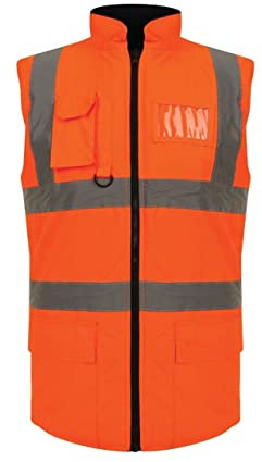 Hi Vis Viz Padded Reversible Fleece Lined Bodywarmer, Hi-Vis Safety High Visibility Gilet Waistcoat Waterproof Two Tone Reflective Tape Workwear Vest UK Plus Size S-5XL, Orange-XL