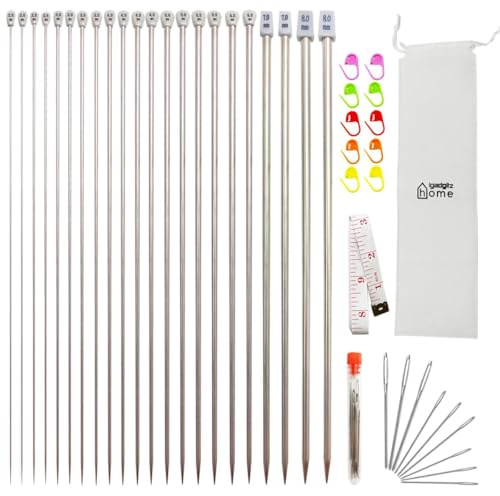 igadgitz home U7272 Aiguilles Tricot de 35cm, Kit Aiguilles à Tricoter (11 paires Aiguilles, 2-8 mm), Marqueurs de Mailles, Ruban à Mesurer, Aiguilles émoussées avec Pochette à Cordon - Gris Argent