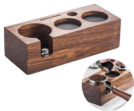 Fleymu Estación de Manipulación de Café 51|54 mm, Estación de Manipulación de Café Hecha de Nogal con Cojín de Silicona, Altura Ajustable, Adecuada para la Mayoría de Accesorios de Café