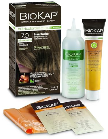 BIOKAP RAPID Permanente 2 x Haarfarbe 7.0 Natur Mittelblond | NUR 10 MINUTEN EINWIRKZEIT | Bio Arganöl - TricoREPAIR Komplex - VEGAN | Optimale Grauabdeckung | Bis zu 80% natürliche Inhaltsstoffe