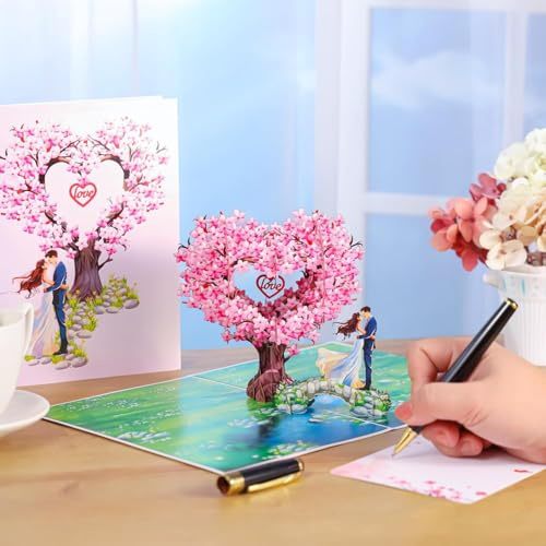 SilverChry Pop-up-kort, alla hjärtans dag, födelsedagskort för din flickvän, gratulationskort med körsbärsblommor i hjärtform