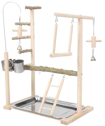 MERRYHAPY Supporto per Pappagalli e Parco Giochi per Uccelli in Legno Naturale con Scala e Trespolo da Pavimento, Area Gioco Interattiva per Calopsitte e Parrocchetti, Robusto e Stabile