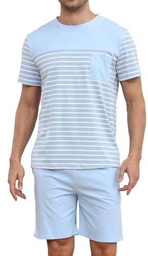 TeJoyce Pijama Hombre Corto Algodon Verano, Ropa de Dormir Dos Piezas, Conjunto Rayas Camiseta de Manga Corta y Shorts con Bolsillos, Ropa de Casa Suave y Cómodo (Azul Claro, XXL)