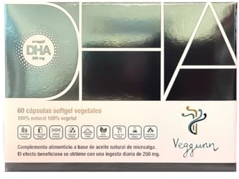 VEGGUNN Omega 3 Cápsulas - Omega 3 Vegano con 99% de DHA - 60 Cápsulas Vegetales de 250 mg - Suministro para 2 Meses - Proveniente de Algas, Certificado y Eco-Friendly