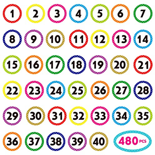 480 Autocollants à pois chiffres 1-40 pour bureau, salle de classe, organisation (chacun mesure 2,5 cm de diamètre)