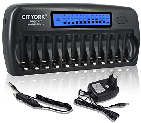 CITYORK Cargador de Pilas LCD de 12 Ranuras para AA AAA Ni-MH Ni-CD Pilas Recargables con Carga Inteligente e Independiente, AC Adaptador