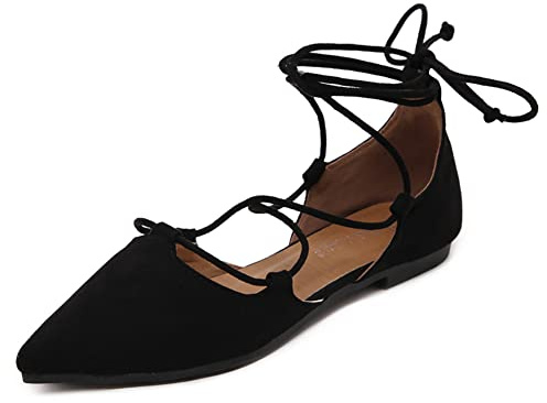 MACHSWON Womens D'Orsay Pointy Toe Ankle Strap Wrap Ballet Flats Lace Up Flat Shoes Women(Black, Size 7.5)