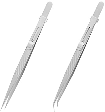 FRUHLING 2 Pièces Brucelles Multifonctions Acier Inoxydable Pinces à épiler Diamant 16.4cm Brucelles avec Pointe Dentelée pour Bijoux Perlage Nail Art Bricolage Laboratoire Jardinage Cuisine