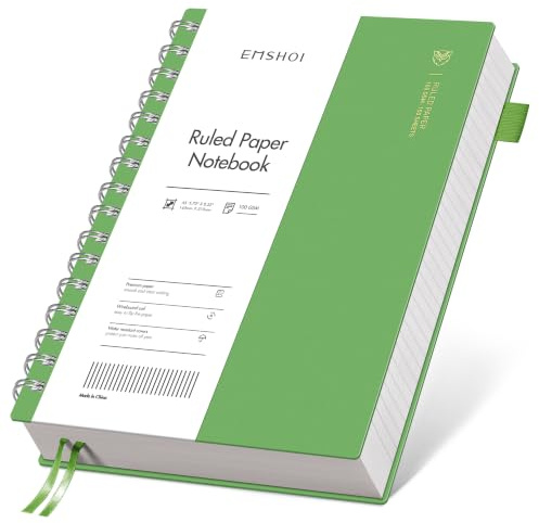 EMSHOI A5 Notebook Lined, Spiral Journal, 300 Pages, PVC Cover, Green | 100GSM Paper, Flexible Plastic Cover, Notepad with Sticky Notes, Pocket, Pen Loop, Bookmark Ruler for Writing, 14.5 x 21cm