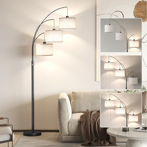 SUNMORY 3 Lights Floor Lamp for Living Room, 78 Tall Standing Lamp with Hanging Drum Shade, Modern Arc Floor Lamps with Heavy Base, Mid Century Arched Tree Floor Lamp for Bedroom, Office, Corner