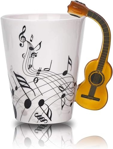 Exogio Gitarrenförmige Kaffeetasse kreative Keramik Kaffeebecher Porzellan Teetasse, Musiknoten Bedrukt Cappuccino Tassen, interessante Wassertasse, Frühstücksbecher, Geschenk, Kollegin