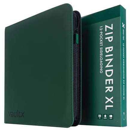 Vault X 12 XL Pocket Trading Card Zip Binder - 624 cards, Premium Exo-Tec Album Material, 26 Side-Loading Pages, Folder for Collectible Card Games, Sports, TCG (Green)