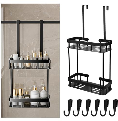 KYYGKY Mensola Doccia da Appendere Nero Opaco - Supporto Shampoo con 2 Cesti e 2 Ganci - Porta Accessori Senza Foratur per Porta in Vetro