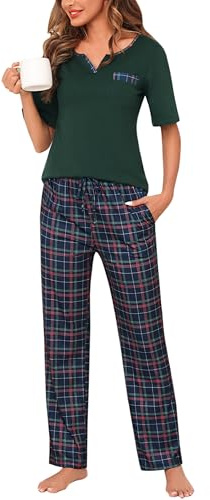 Bresdk Pyjamas, dam, kortärmad, pyjamasöverdelar, långa pyjamasbyxor, nattkläder, Grön, L