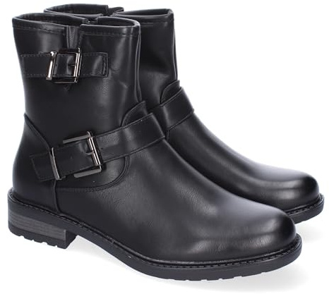 shoes&blues.es 87482 Botines Moteros para Mujer, Comodos y Elegantes, Detalles de Doble Hebilla, Punta Redonda, Cremallera Lateral, Ideales para Otono-Invierno. Negro Talla 38