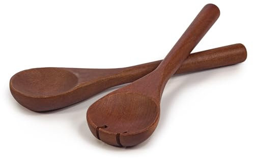 woodluv Set of 2 Salad Servers or Salad Tongs, Wooden Spoons for Cooking, Serving Utensils for Salad or Pasta, Spoon and Fork Set - Brown