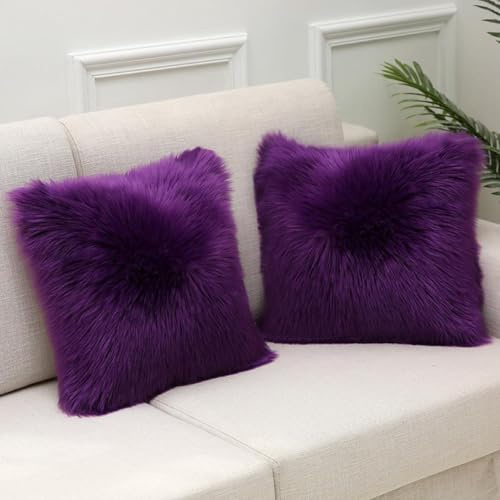 Luxurious Faux Fur Cushion Covers Pack Of 2 Fluffy Soft Pillow Cases,Plush Throw Pillow Covers For Protector Sofa Bedroom Car Holiday Home Decorative Cushion Case(Roland purple,45x45 cm Set of 2)