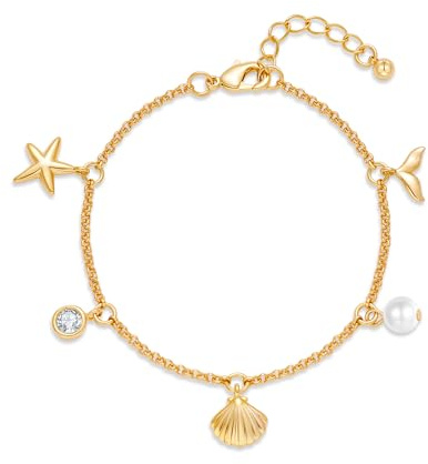 LILIE&WHITE Bracelet Femme Or Charms Océan Femme Ajustable Hypoallergénique Antidécoloration Étoile De Mer Coquillage Perle Zircone Cadeau Été Anniversaire