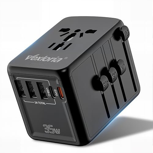 Vexloria Adaptateur Prise Universelle, avec PD35W+3USB A+1 USB C, 5 in1 Travel Adapter Internationale Adaptateur de Voyage pour Les États-Unis, l'Angleterre, la Thaïlande, l'Australie