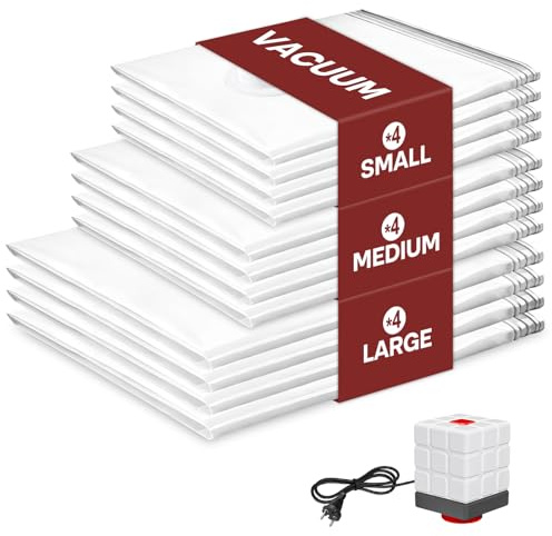 Vacbird Vakuumpåsar kläder med elektrisk pump, 12-pack (4 stora, 4 medium, 4 små), återanvändbara vakuumpåsar för kläder, sängkläder, resor, flyttning