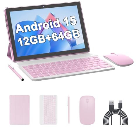 10 Inch Tablet Android 15(NOT GO) Tablets with keyboard 64GB ROM+12GB RAM(4+8 expansion) Supports 1TB Expansion 2MP+8MP Dual Camera 6000mAh 5G WiFi6 Tableta, Tablets with Mouse/Case/Stylus/USB-C Cable