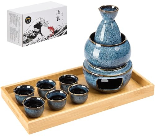 DUJUST Juego de 10 piezas de sake japonés para 6, juego de sake de porcelana esmaltada alterada al horno, 6 tazas, 1 botella, 1 calentador, 1 estufa de velas, 1 bandeja y 1 caja, jarra cálida, juego