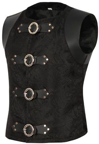 RUMAOZIA Gilet gothique médiéval steampunk en cuir synthétique pour homme - Manteau de cowboy noir avec boucles - Brocart - Frack Tailcoat pour Halloween, costume steampunk, mariage, fête, O Noir