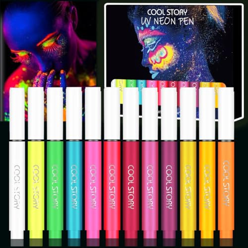 Face Paint Pen Glow In the Dark Water-Resistant Under UV Light Neon Rainbow Colors Smudge Proof WaterProof Body Painting Kit for Kids Tattoo Skin Markers Eye Makeup for Halloween 12PCS