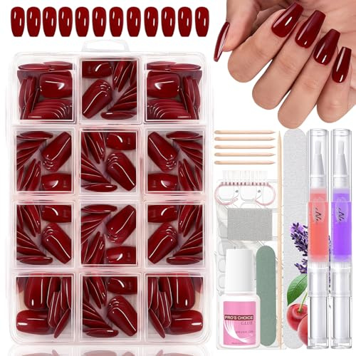 240 Stück Falsche Nägel Zum Aufkleben, Burgund Ballerina Kurze Künstliche Fingernägel Kit mit 2 Pcs Nagelöl Stift - Full Cover Fake Nails softgel Natürliches & Angenehmes für DIY (WineRed Ballerina)