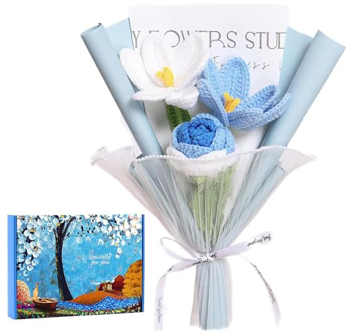 Lotvic Bouquet di fiori all'uncinetto, con rose e tulipani, con confezione regalo, fiori all'uncinetto, artificiali, per anniversari, festa della mamma, San Valentino, laurea