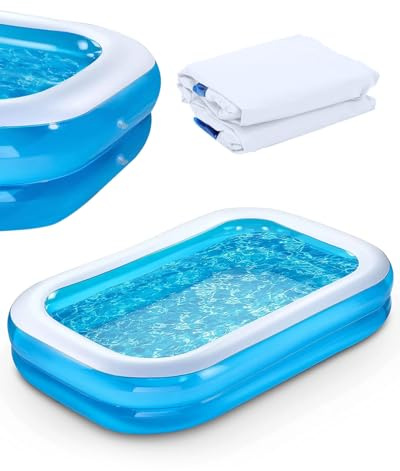 Large Inflatable Family Pool for Kids & Adults, Rectangular Above-Rectangular Paddling Pool for Kids, Heavy-Duty Leak-Resistant PVC with Fast Drain Valve for Backyard, Garden & Indoor Fun