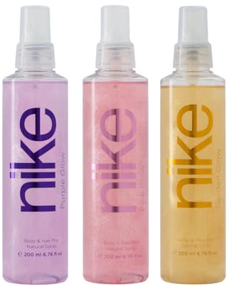 NIKE - Bruma Corporal Perfumada Glow Pack 3 x 200 ml, Golden + Pink + Purple, Bruma para Mujer, Body Mist, Fragancia Fresca, de Larga Duración, Fácil de Aplicar, Secado Rápido, Formato Spray