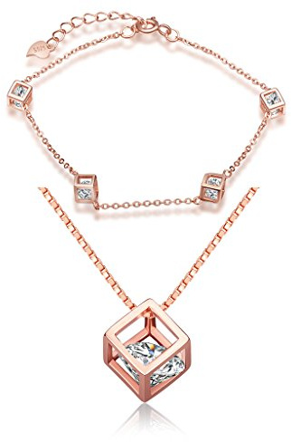 Yumilok Bijoux parures femme fille collier et bracelet en argent 925 orné zircon couleur d'or rose bijou ensemble élégants