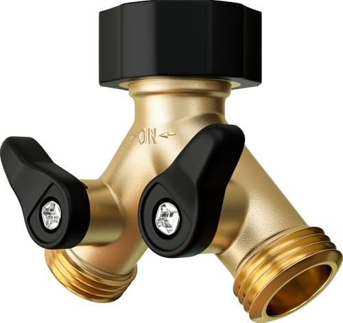 DBR Tech® Heavy Duty 2 Way Hose Splitter (Premium Brass for Superior Durability), Wye Garden Hoses Connector for Water Spigot Faucet Bib Tap, Double Shut Off Valve, Y Adapter, Rust-Resistant Finish
