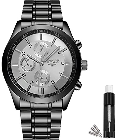 BOSCK Men's Quartz Watch (without chronography), silver tone, made of stainless steel with anti-scratch property, 30m water-resistant, suitable for daily casual and business occasions.