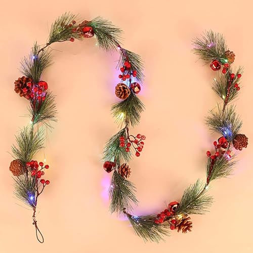 6FT/1.8M Christmas Garland with Lights, 8 Light Modes Prelit Christmas Garland with 18 LED Lights Branches Berries Bells Snowflake Pine Cones for Window Fireplace Door Stairs Indoor Outdoor Decoration