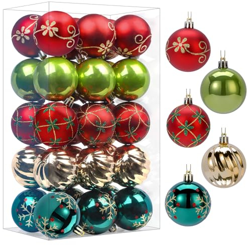 SHareconn Weihnachtsbaumkugeln, 30 Karat, 5,9 cm, Bunte, bruchsichere Kunststoff-Kugeln für Weihnachtsbaum, Dekoration, Urlaub, Party, Hochzeit, Dekoration (Rot, Grün und Gold, 60 mm)