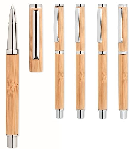 Set aus 5 Gelschreibern Tintenrollern Rollerball Schreibgeräten Bambus und Edelstahl blauschreibend nachhaltig umweltfreundlich