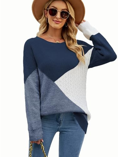 Rayson Maglione Donna Girocollo Blocco del Colore Pullover Elegante Felpa Casual Maglione Manica Lunga Pullover Autunnale Invernali Lavorato a Maglia Moda Tops(Blu,S)