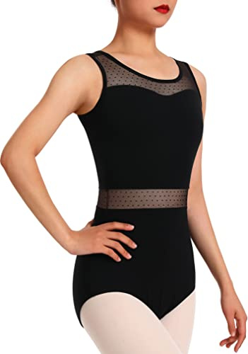 Mulnall Leotardos de baile para mujer para ballet, cintura hueca de malla, espalda caída de agua, Negro, S
